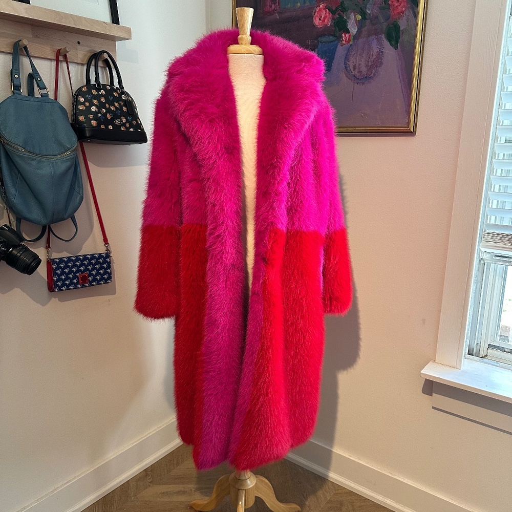 Jayley Collection Pink & Red Faux Fur Coat Sz S